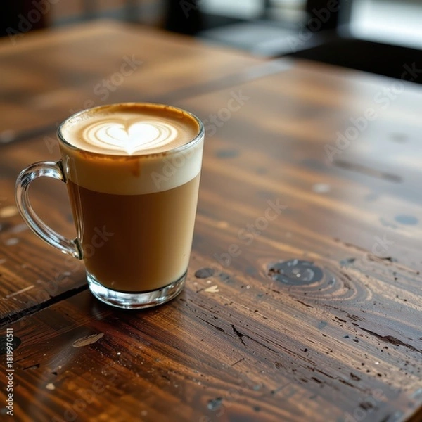 Fototapeta Heart Latte Art on Wooden Table - Perfect for Backgrounds and Branding