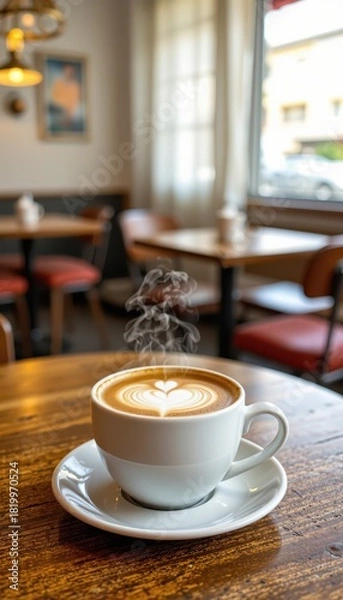 Fototapeta Steaming Latte Art in a Cozy Cafe Setting - Perfect for Morning Coffee Break and adding Text Overlay.