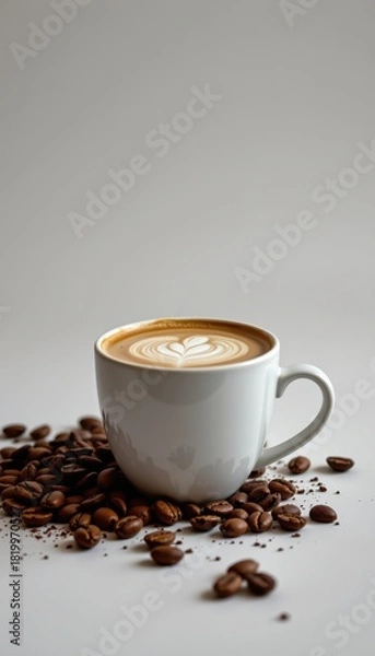 Fototapeta Elegant Latte Art Coffee Cup with Coffee Beans and Blank Space for Text Over a Clean Background - Perfect for Coffee Shop Promotions