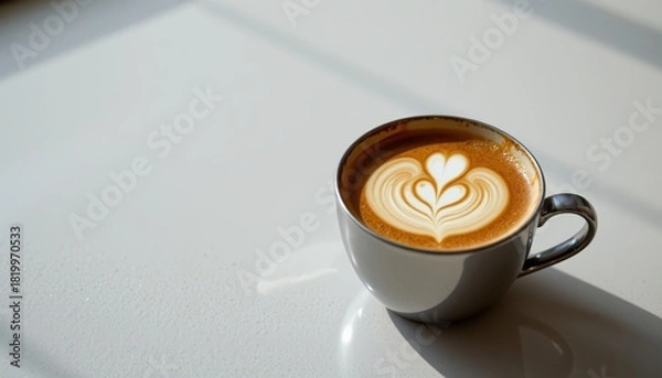 Fototapeta Minimalist Latte Art on White Tabletop: Perfect for Copy Space and Business Branding