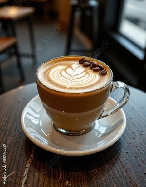Fototapeta Delicious Latte Art with Coffee Beans on a Rustic Table in a Cozy Cafe Setting, Perfect for a Coffee Break
