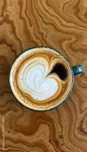 Fototapeta Top-Down View of a Frothy Latte on a Swirling Wood Grain Table, Espresso with Latte Art Ready for Content Creation