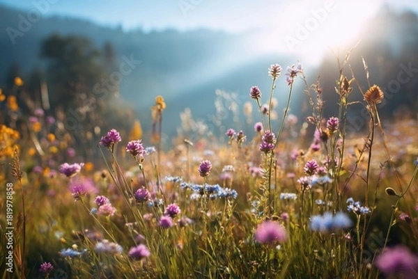 Obraz Colorful wildflowers blooming in a sunny meadow during the morning light in a serene natural setting