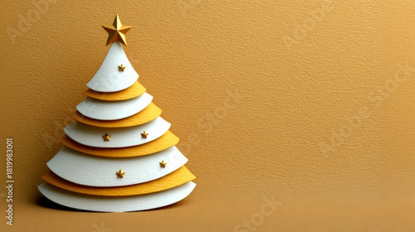 Fototapeta Elegant Minimalist Christmas Tree White Gold Layers Glitter Background Festive Holiday Celebration