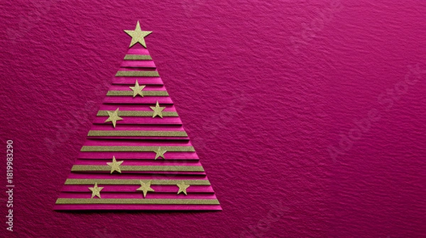 Fototapeta Magenta Glitter Christmas Tree Shape Formed by Striped Ribbon and Gold Stars on Magenta Background