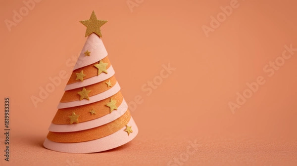 Fototapeta Minimalist Christmas Tree Composed Of Pink Layered Ribbons with Golden Glitter Stars on Peach