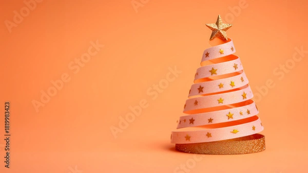 Fototapeta Minimalist Christmas Tree Constructed from Layered Ribbon on Peach Background