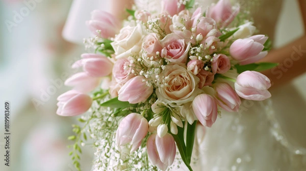 Fototapeta 女性がピンクのチューリップの花束を手に持つやわらかなポートレート