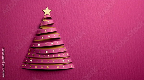 Fototapeta Minimalist Christmas Tree Shaped from Ribbon with Golden Star on Textured Magenta Background