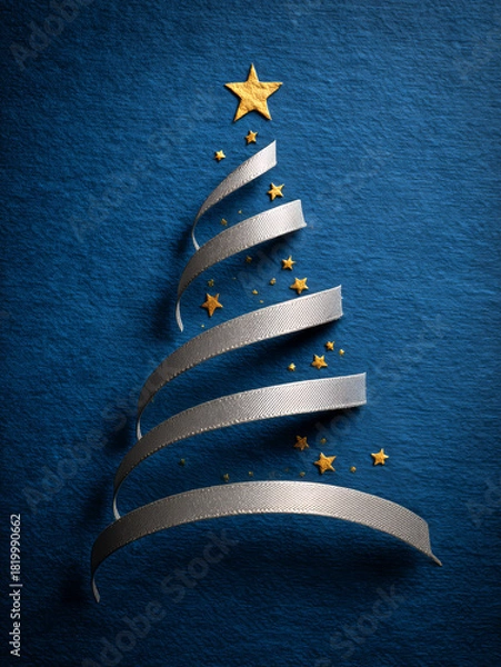 Fototapeta Minimalist Christmas Tree Made From Silver Ribbon and Gold Stars on Glittering Blue Background