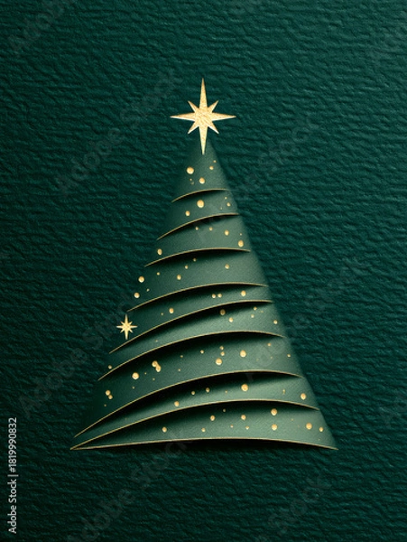 Fototapeta Minimalist Christmas Tree Shaped From Precise Ribbon Teal Green Background Sparkle Star