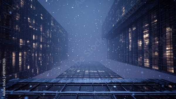 Fototapeta 雪の夜に見上げる高層ビル群の静かな都市景観