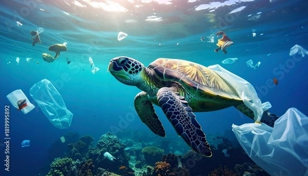 Fototapeta A sea turtle swims through the sea surrounded by plastic