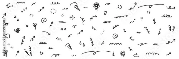 Obraz 手書きの集中線や矢印などのあしらいのベクターイラストセット。手描き、落書き、飾り、モヤモヤ	