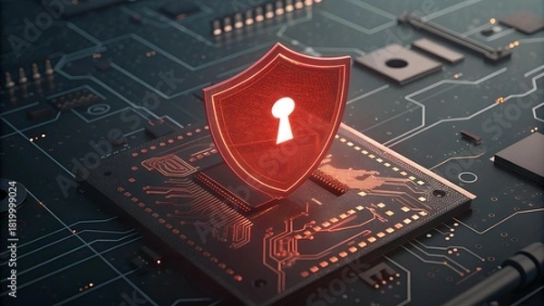 Fototapeta Security shield with a keyhole over a circuit board highlights digital safety