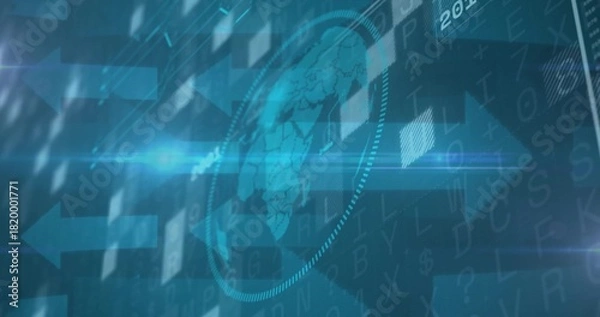 Fototapeta Animating transparent globe rotating within dotted HUD on broadcast UI, with arrows and text grid