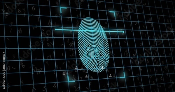 Obraz Scanning cyan fingerprint graphic pulsing on biometric UI, with glowing grid, scan bar, brackets