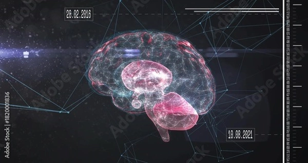 Obraz Floating 3D wireframe brain model pulsing in HUD space, showing network lines, date labels, scale