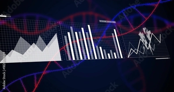 Obraz Displaying three panels with area, bar, line charts on navy dashboard, showing red blue DNA helix
