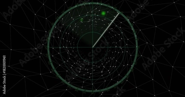 Fototapeta Scanning circular radar display emitting rotating neon sweep on virtual HUD, showing pulsing blip
