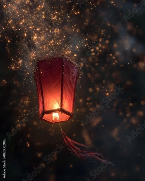 Obraz Floating red lantern with gold firework bursting behind it.