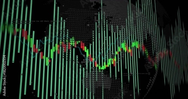 Obraz Displaying neon candlestick and teal bar charts on virtual trading dashboard, showing dotted globe