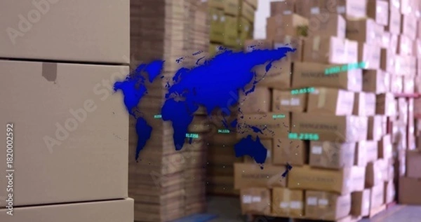 Obraz Showing blue holo map in warehouse displaying numeric labels, labeled boxes, pallets with tape