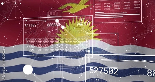 Fototapeta Displaying stylized Kiribati flag in vector graphic, showing sun, frigatebird, UI panels and nodes