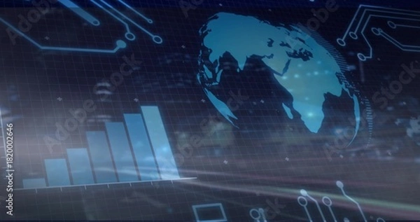 Obraz Glowing globe hovering on virtual dashboard, showing ascending bar chart, grid and circuit nodes