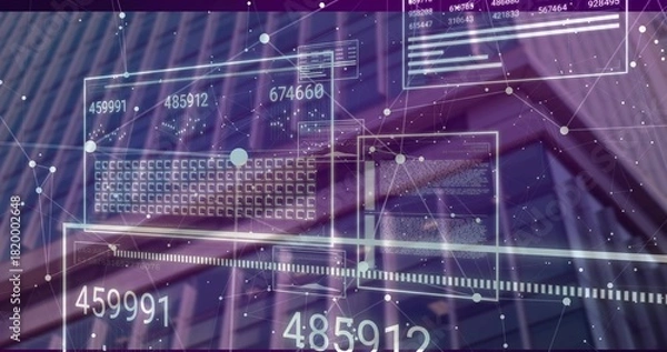 Obraz Projecting holographic panels floating over glass steel atrium, showing numeric readouts and nodes