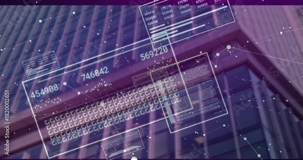 Fototapeta Overlaying AR HUD panels on office facade from low angle, showing numeric readouts and nodes