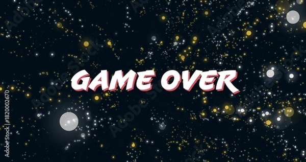 Obraz Displaying bold GAME OVER text floating in dark navy starfield, showing pink shadow and pale orbs