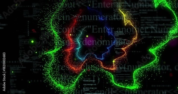 Obraz Spinning multicolored particle vortex in deep black void, showing neon streams, glowing orbs, code