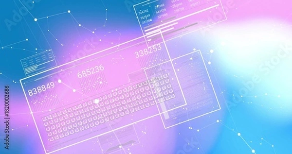 Fototapeta Floating hologram keyboard and clear panels glowing on purple-pink gradient, showing numeric 838849