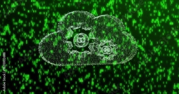 Fototapeta Glowing particle cloud showing two white gears in virtual cyberspace, with green binary digits