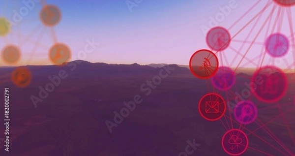 Obraz Stretching mountain ridge and valley running along horizon at sunrise, showing neon network overlay
