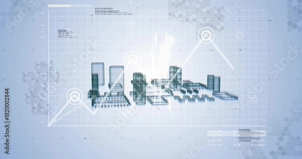 Obraz Displaying 3D industrial complex hovering on light blue grid, showing tanks, conveyors, HUD graph