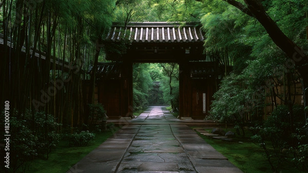 Fototapeta 朝霧と若竹に包まれた山門と一直線に延びる参道
