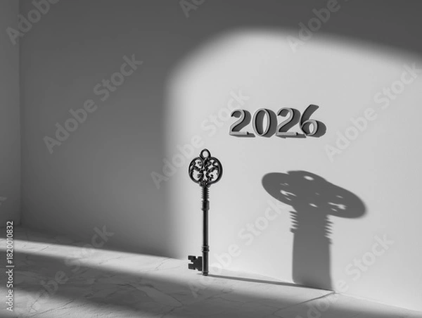 Fototapeta Large decorative key casting a shadow in front of the year 2026 on a minimalistic wall