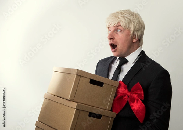 Fototapeta happy man carry boxes with orders. Businesswoman with carry delivery 
