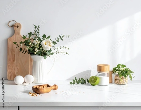 Fototapeta Neutral counter composition with delicate background white