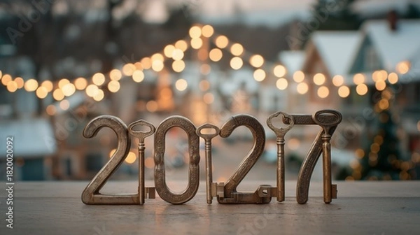 Fototapeta Decorative keys form the numbers 2027, illuminated by warm lights in a snowy winter setting during twilight