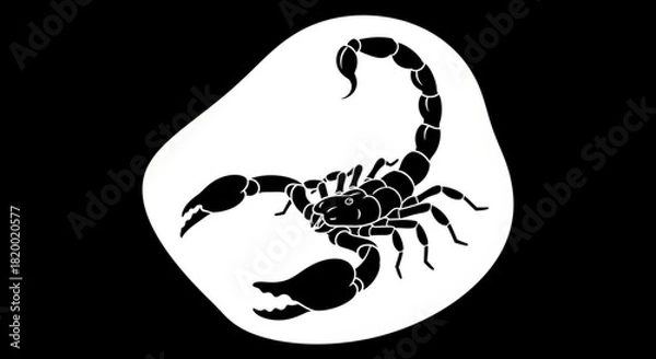 Obraz Illustration of a stylized black scorpion with claws and segmented tail on a white background shape