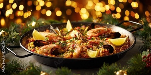 Obraz Festive seafood paella served in a wide pan with lemon wedges glows under garland light in a cozy holiday setting.