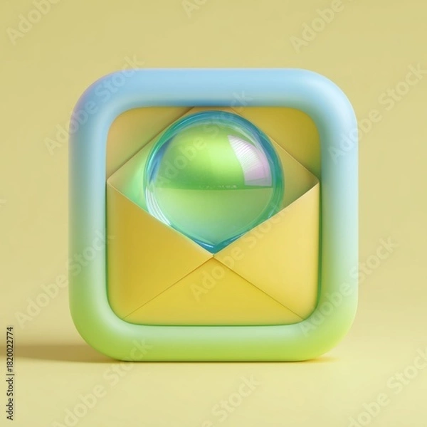Fototapeta Colorful 3D envelope icon with a transparent bubble on a soft yellow background