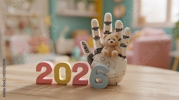 Fototapeta Future technology and childhood joy combine in a 2026-themed scene with a robotic hand and playful objects