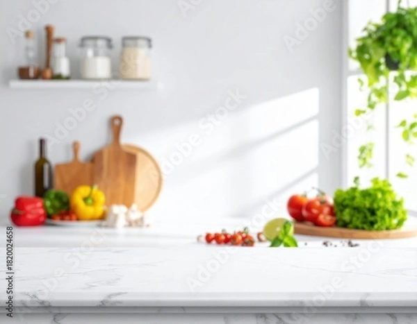 Fototapeta Fresh cooking space counter in soft blur white
