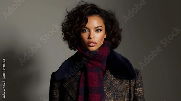 Fototapeta Portrait of a woman with curly hair wearing a plaid coat and scarf, looking directly at the camera.
