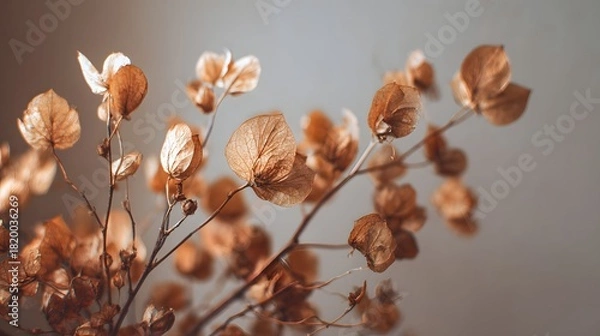 Fototapeta Close-up of dried eucalyptus leaves on a branch against a soft, neutral background, creating a minimalist and natural aesthetic.