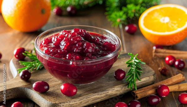 Fototapeta Festive cranberry sauce with oranges and cinnamon sticks for holiday gatherings or elegant Thanksgiving and Christmas dinner presentations
